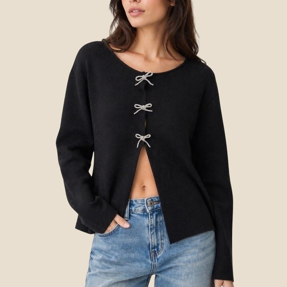 Sioni Black Rhinestone Bow Embellished Knit Cardigan Top L Holiday Balletcore